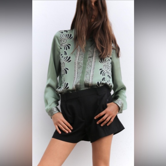 Zara Tops - Zara New With Tags Green and Black Patterned Satin Effect Blouse. XL